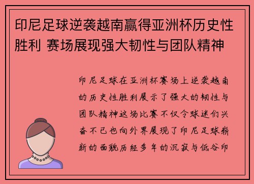 印尼足球逆袭越南赢得亚洲杯历史性胜利 赛场展现强大韧性与团队精神