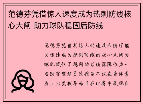 范德芬凭借惊人速度成为热刺防线核心大闸 助力球队稳固后防线