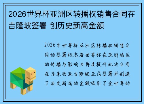 2026世界杯亚洲区转播权销售合同在吉隆坡签署 创历史新高金额